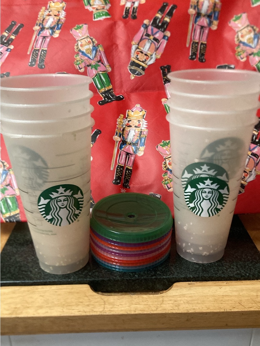 Starbucks 24oz. color changing Clear Cups with Green Logo and Multicolor Lids